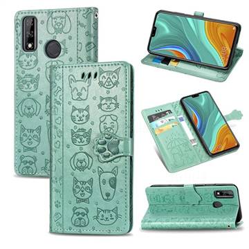 Embossing Dog Paw Kitten and Puppy Leather Wallet Case for Huawei Y8s - Green