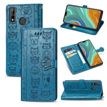 Embossing Dog Paw Kitten and Puppy Leather Wallet Case for Huawei Y8s - Blue