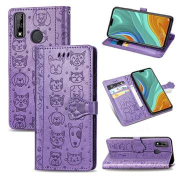 Embossing Dog Paw Kitten and Puppy Leather Wallet Case for Huawei Y8s - Purple