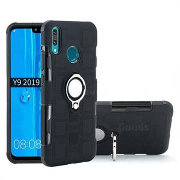 Ice Cube Shockproof PC + Silicon Invisible Ring Holder Phone Case for Huawei Y9 (2019) - Black