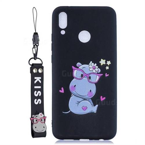 Black Flower Hippo Soft Kiss Candy Hand Strap Silicone Case for Huawei Y9 (2019)