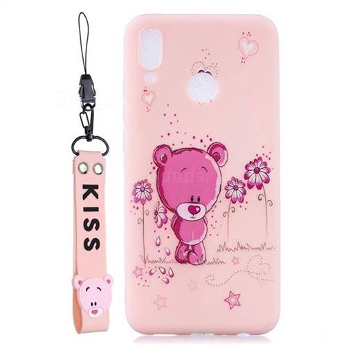 Pink Flower Bear Soft Kiss Candy Hand Strap Silicone Case for Huawei Y9 (2019)