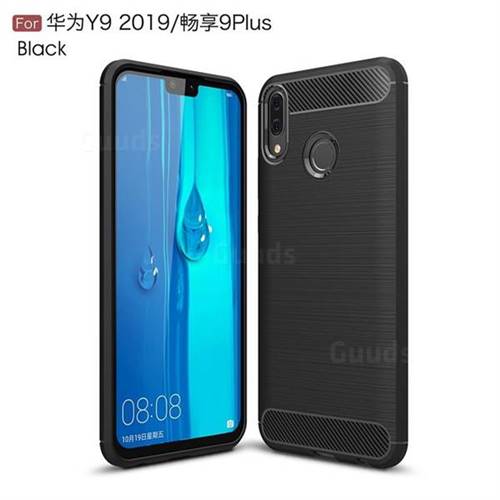 Luxury Carbon Fiber Brushed Wire Drawing Silicone TPU Back Cover for Huawei Y9 (2019) - Black