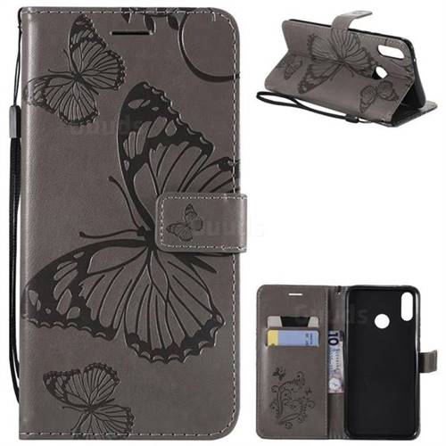 Embossing 3D Butterfly Leather Wallet Case for Huawei Y9 (2019) - Gray