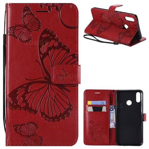 Embossing 3D Butterfly Leather Wallet Case for Huawei Y9 (2019) - Red