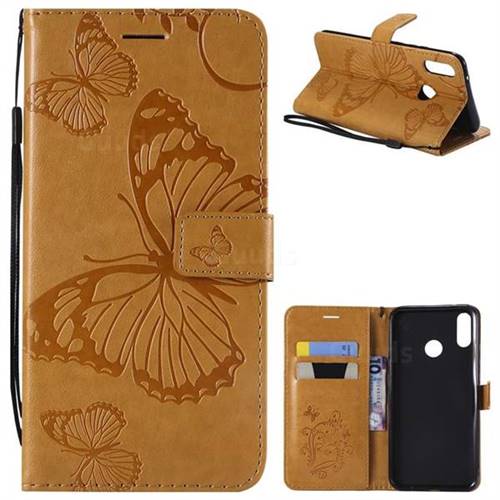 Embossing 3D Butterfly Leather Wallet Case for Huawei Y9 (2019) - Yellow