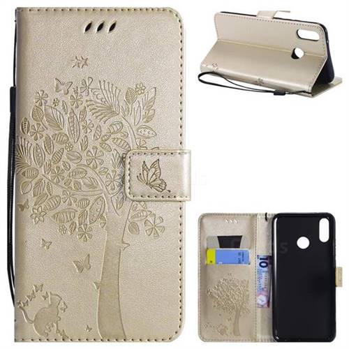Embossing Butterfly Tree Leather Wallet Case for Huawei Y9 (2019) - Champagne