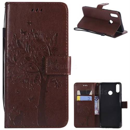 Embossing Butterfly Tree Leather Wallet Case for Huawei Y9 (2019) - Coffee