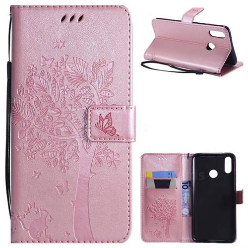 Embossing Butterfly Tree Leather Wallet Case for Huawei Y9 (2019) - Rose Pink