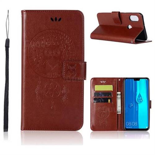 Intricate Embossing Owl Campanula Leather Wallet Case for Huawei Y9 (2019) - Brown