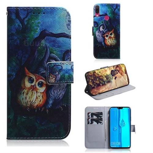 Oil Painting Owl PU Leather Wallet Case for Huawei Y9 (2019)