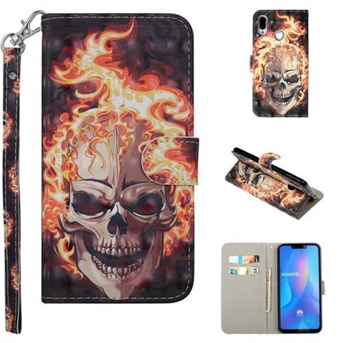 Flame Skull 3D Painted Leather Phone Wallet Case Cover for Huawei Y9 (2019)