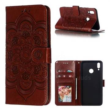 Intricate Embossing Datura Solar Leather Wallet Case for Huawei Y9 (2019) - Brown