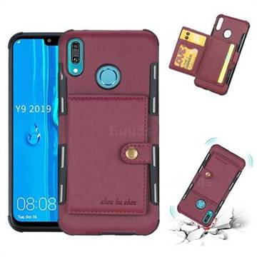 Brush Multi-function Leather Phone Case for Huawei Y9 (2019) - Wine Red