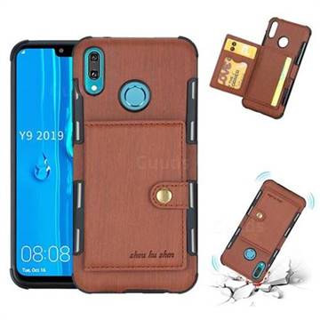 Brush Multi-function Leather Phone Case for Huawei Y9 (2019) - Brown