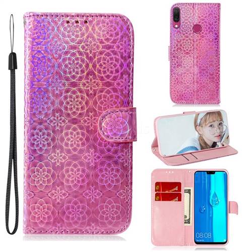 Laser Circle Shining Leather Wallet Phone Case for Huawei Y9 (2019) - Pink