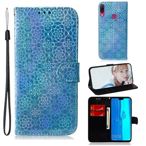 Laser Circle Shining Leather Wallet Phone Case for Huawei Y9 (2019) - Blue