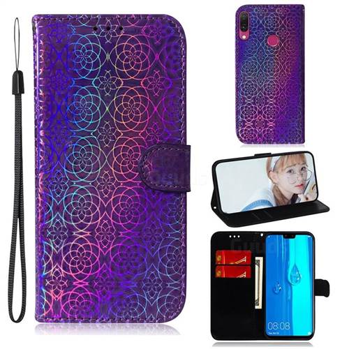 Laser Circle Shining Leather Wallet Phone Case for Huawei Y9 (2019) - Purple