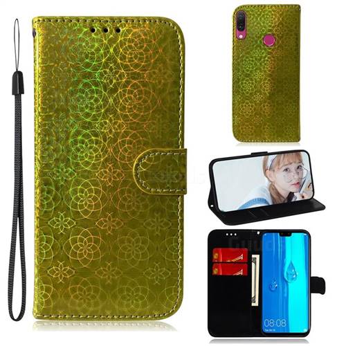 Laser Circle Shining Leather Wallet Phone Case for Huawei Y9 (2019) - Golden