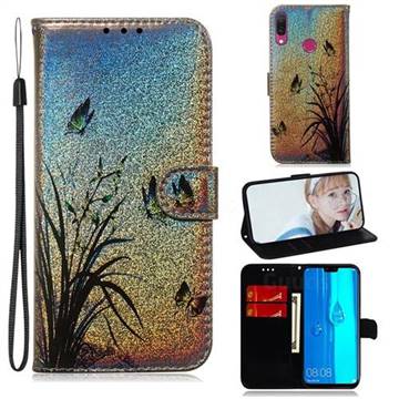 Butterfly Orchid Laser Shining Leather Wallet Phone Case for Huawei Y9 (2019)