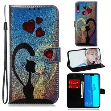 Love Cat Laser Shining Leather Wallet Phone Case for Huawei Y9 (2019)