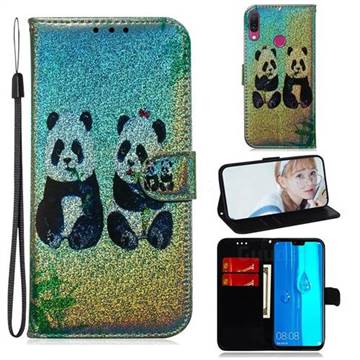 Two Pandas Laser Shining Leather Wallet Phone Case for Huawei Y9 (2019)