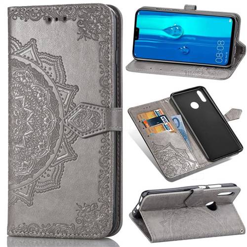 Embossing Imprint Mandala Flower Leather Wallet Case for Huawei Y9 (2019) - Gray