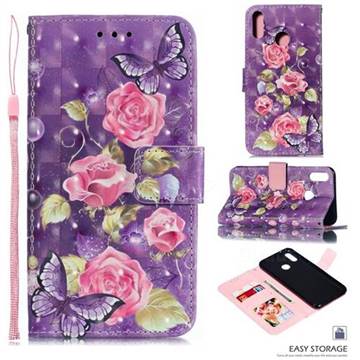 Purple Butterfly Flower 3D Painted Leather Phone Wallet Case for Huawei Y9 (2019)
