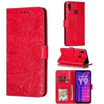 Intricate Embossing Lace Jasmine Flower Leather Wallet Case for Huawei Y9 (2019) - Red