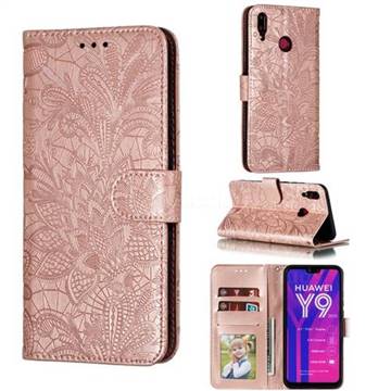 Intricate Embossing Lace Jasmine Flower Leather Wallet Case for Huawei Y9 (2019) - Rose Gold