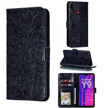 Intricate Embossing Lace Jasmine Flower Leather Wallet Case for Huawei Y9 (2019) - Dark Blue
