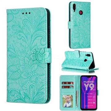 Intricate Embossing Lace Jasmine Flower Leather Wallet Case for Huawei Y9 (2019) - Green