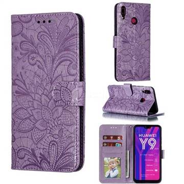Intricate Embossing Lace Jasmine Flower Leather Wallet Case for Huawei Y9 (2019) - Purple