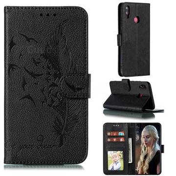 Intricate Embossing Lychee Feather Bird Leather Wallet Case for Huawei Y9 (2019) - Black