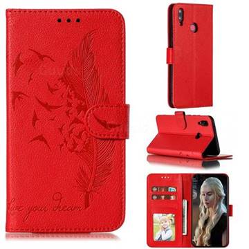 Intricate Embossing Lychee Feather Bird Leather Wallet Case for Huawei Y9 (2019) - Red