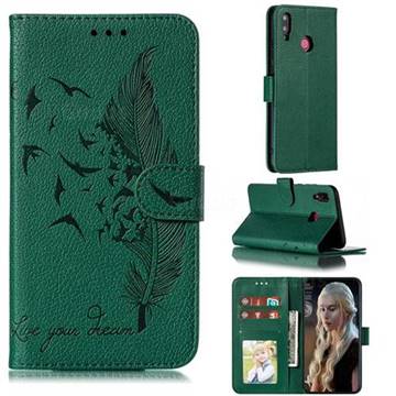 Intricate Embossing Lychee Feather Bird Leather Wallet Case for Huawei Y9 (2019) - Green