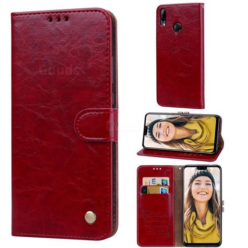 Luxury Retro Oil Wax PU Leather Wallet Phone Case for Huawei Y9 (2019) - Brown Red