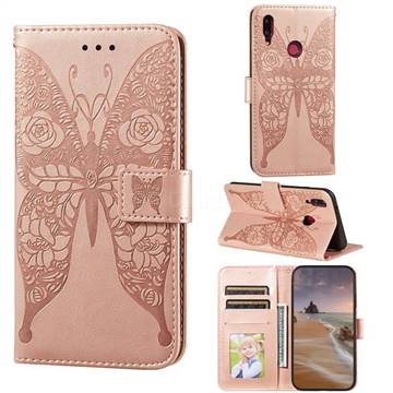 Intricate Embossing Rose Flower Butterfly Leather Wallet Case for Huawei Y9 (2019) - Rose Gold