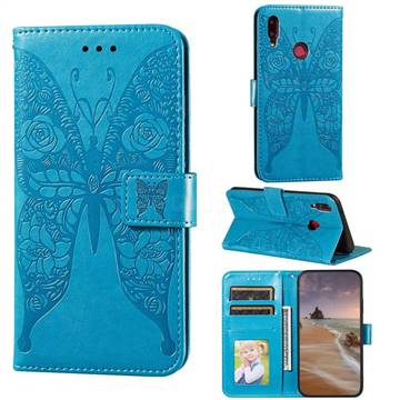 Intricate Embossing Rose Flower Butterfly Leather Wallet Case for Huawei Y9 (2019) - Blue