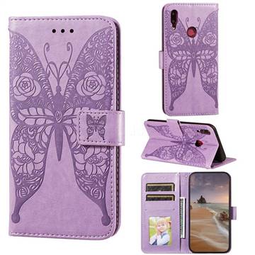 Intricate Embossing Rose Flower Butterfly Leather Wallet Case for Huawei Y9 (2019) - Purple