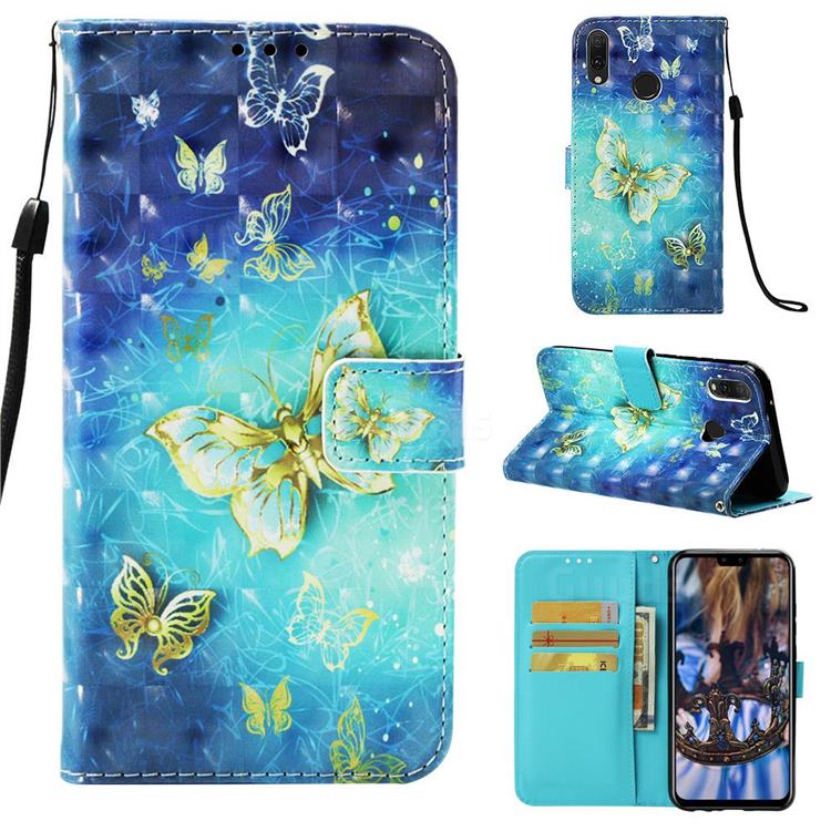 Gold Butterfly 3D Painted Leather Wallet Case for Huawei Y9 (2019)
