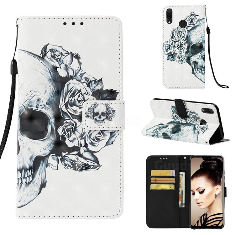 Skull Flower 3D Painted Leather Wallet Case for Huawei Y9 (2019)