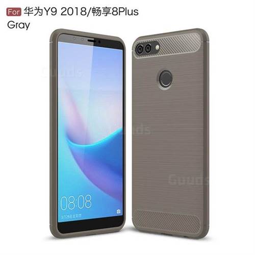 Luxury Carbon Fiber Brushed Wire Drawing Silicone TPU Back Cover for Huawei Y9 (2018) - Gray