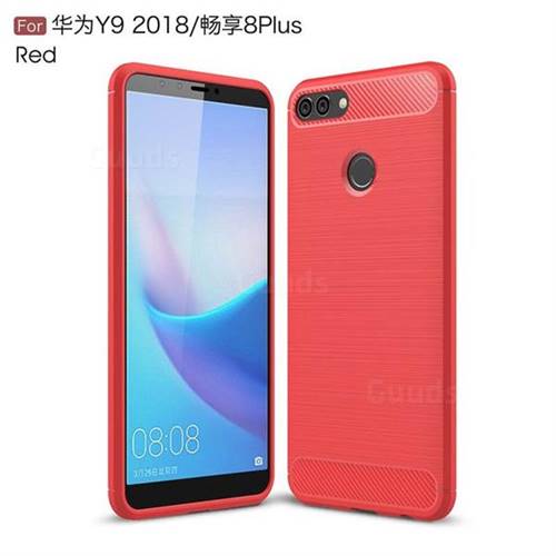 Luxury Carbon Fiber Brushed Wire Drawing Silicone TPU Back Cover for Huawei Y9 (2018) - Red