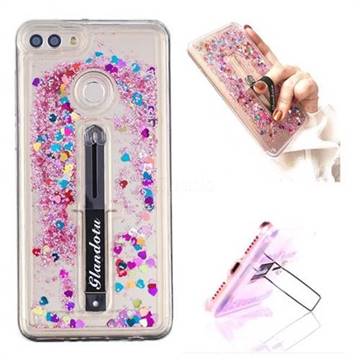 Concealed Ring Holder Stand Glitter Quicksand Dynamic Liquid Phone Case for Huawei Y9 (2018) - Rose