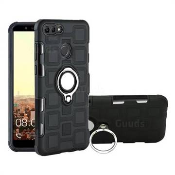 Ice Cube Shockproof PC + Silicon Invisible Ring Holder Phone Case for Huawei Y9 (2018) - Black