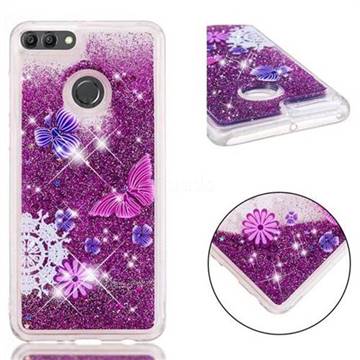 Purple Flower Butterfly Dynamic Liquid Glitter Quicksand Soft TPU Case for Huawei Y9 (2018)