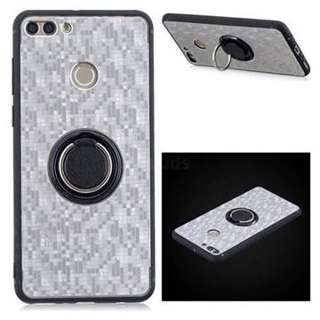 Luxury Mosaic Metal Silicone Invisible Ring Holder Soft Phone Case for Huawei Y9 (2018) - Titanium Silver