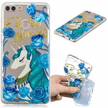 Blue Flower Unicorn Clear Varnish Soft Phone Back Cover for Huawei Y9 (2018)