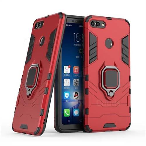 Black Panther Armor Metal Ring Grip Shockproof Dual Layer Rugged Hard Cover for Huawei Y9 (2018) - Red